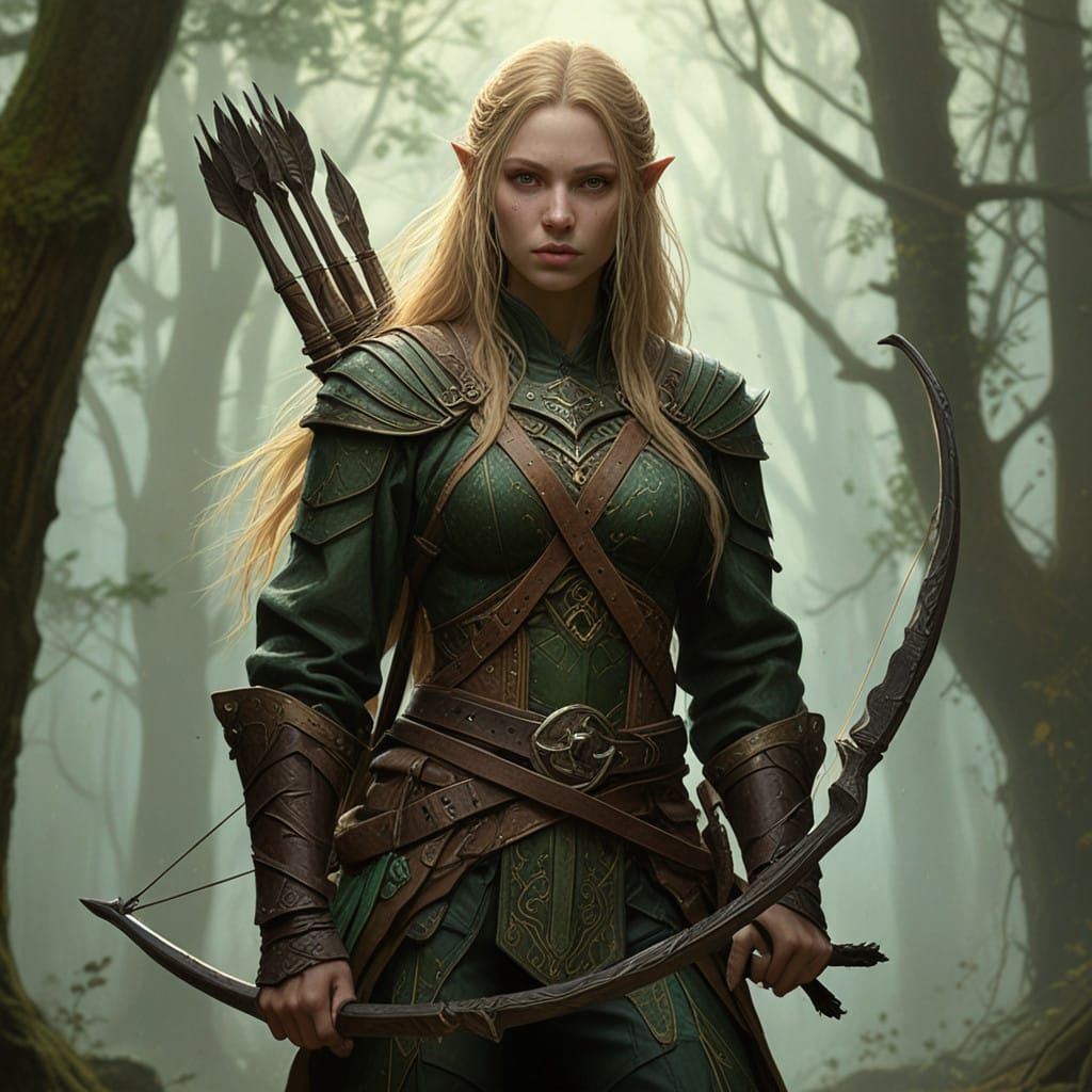 Ethereal Hunter Elf in Leather Ranger Outfit, Holding Bow an...