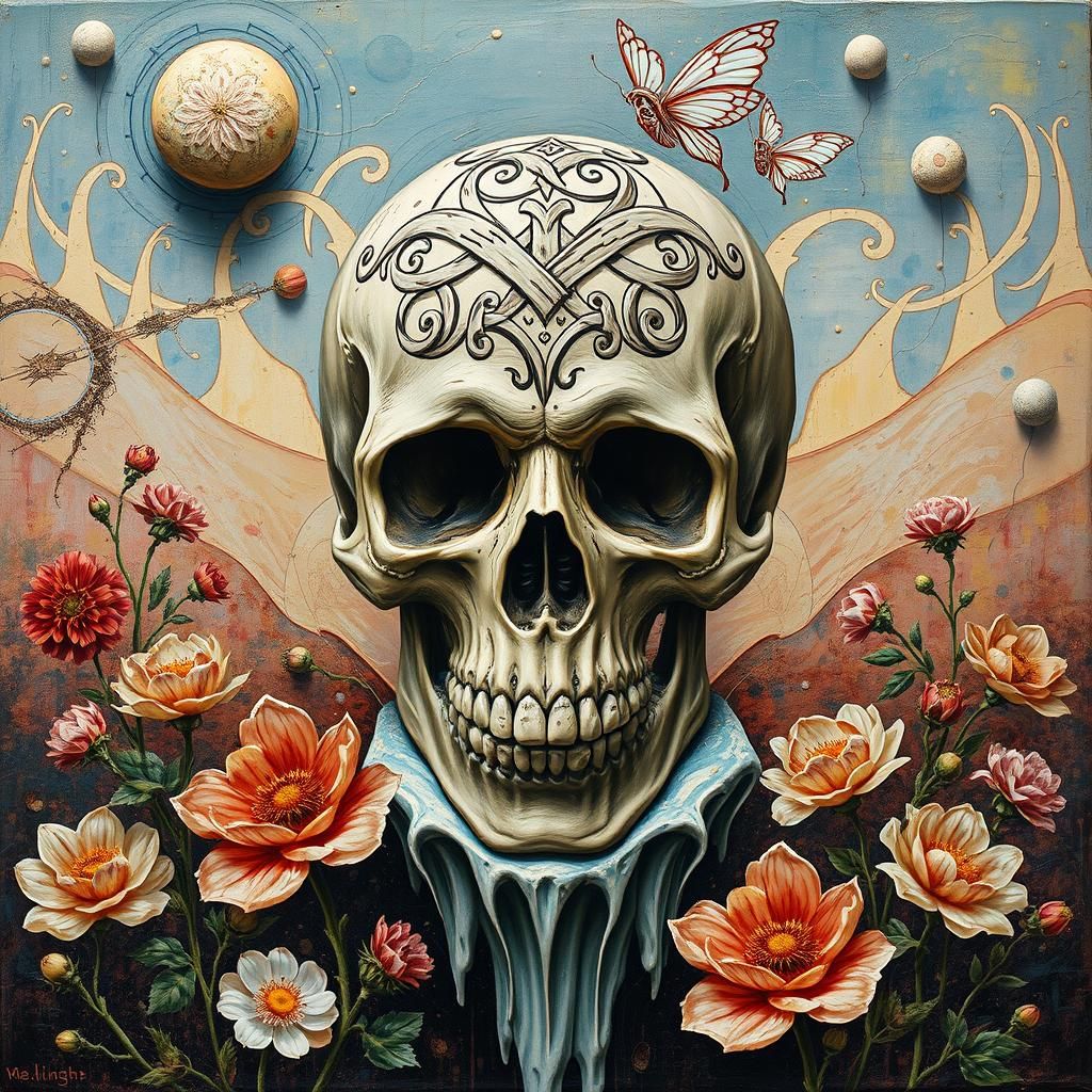 Surreal Skull with Flowers in Trompe l'Oeil Impasto Style