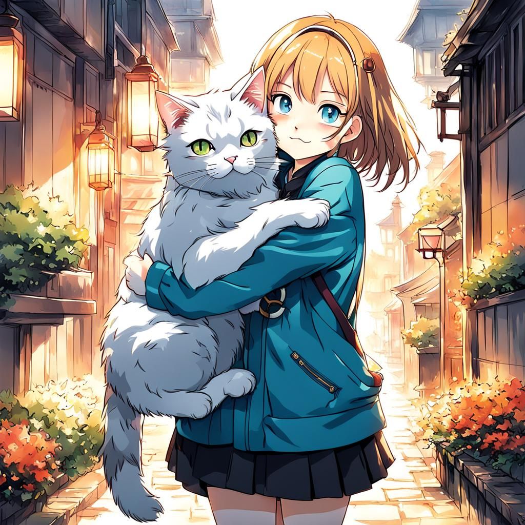 Girl and Cat Hug: Anime Style Love