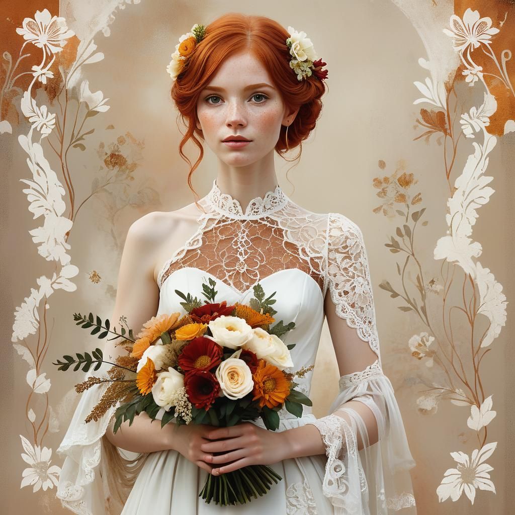 Redhead in Spanish Wedding Dress, Art Nouveau Style