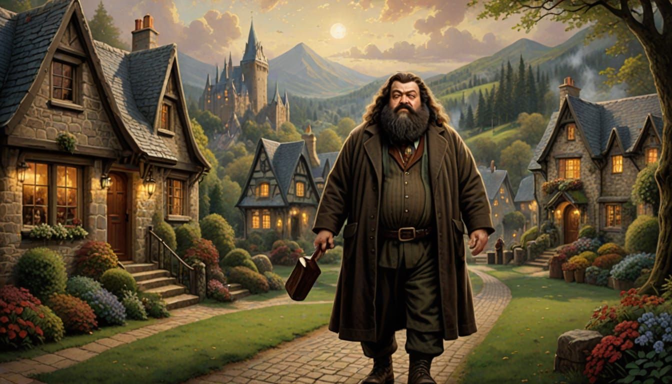 Hagrid in a Cozy Thomas Kinkade Style
