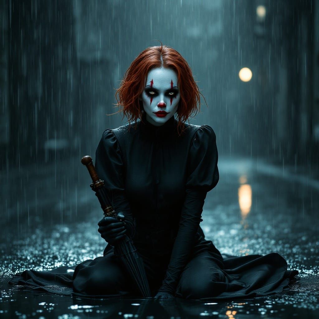 Melancholic Mime Clown in the Rain