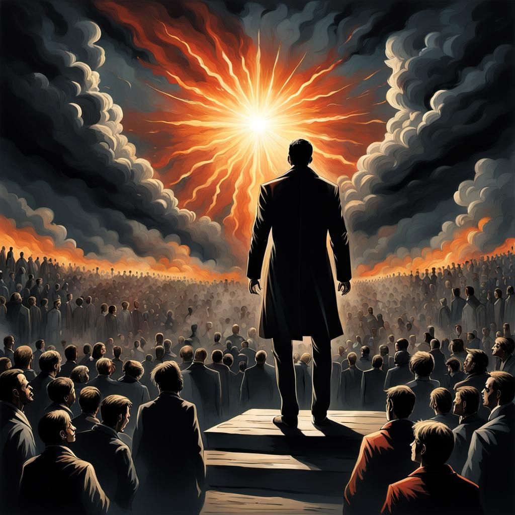 Man Ascending to Power Amidst Awe and Fear