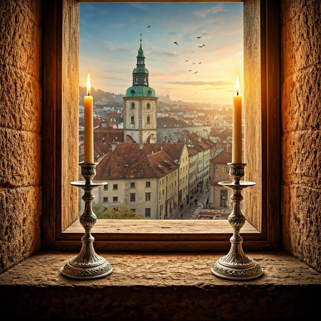 Candlesticks on Windowsill at Sunset: Kinkade Style