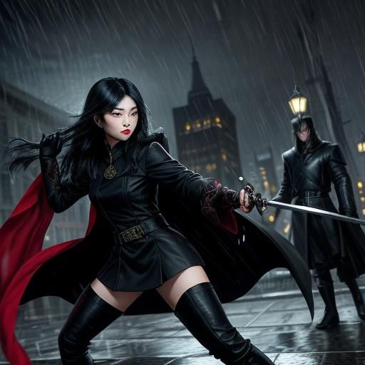 Asian Vampire Battles Swordsmen in Rainy City