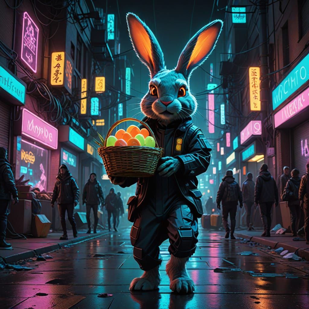 Cyberpunk Easter Bunny Delivers Digital Eggs in Dystopian Ci...