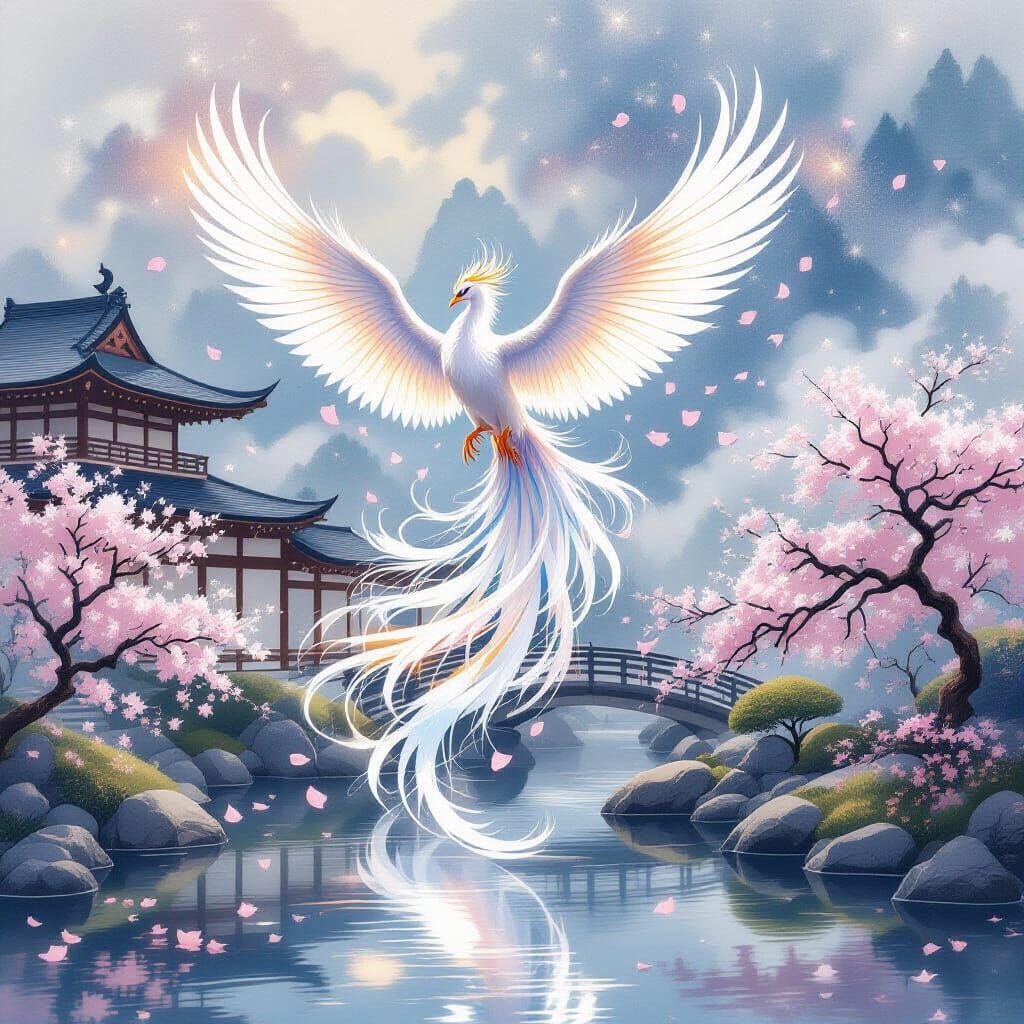 Ethereal Phoenix Descends into Ancient Japanese Garden