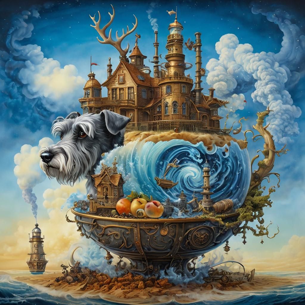 Steampunk Schnauzer with Lighthouse, Surreal Illustration
