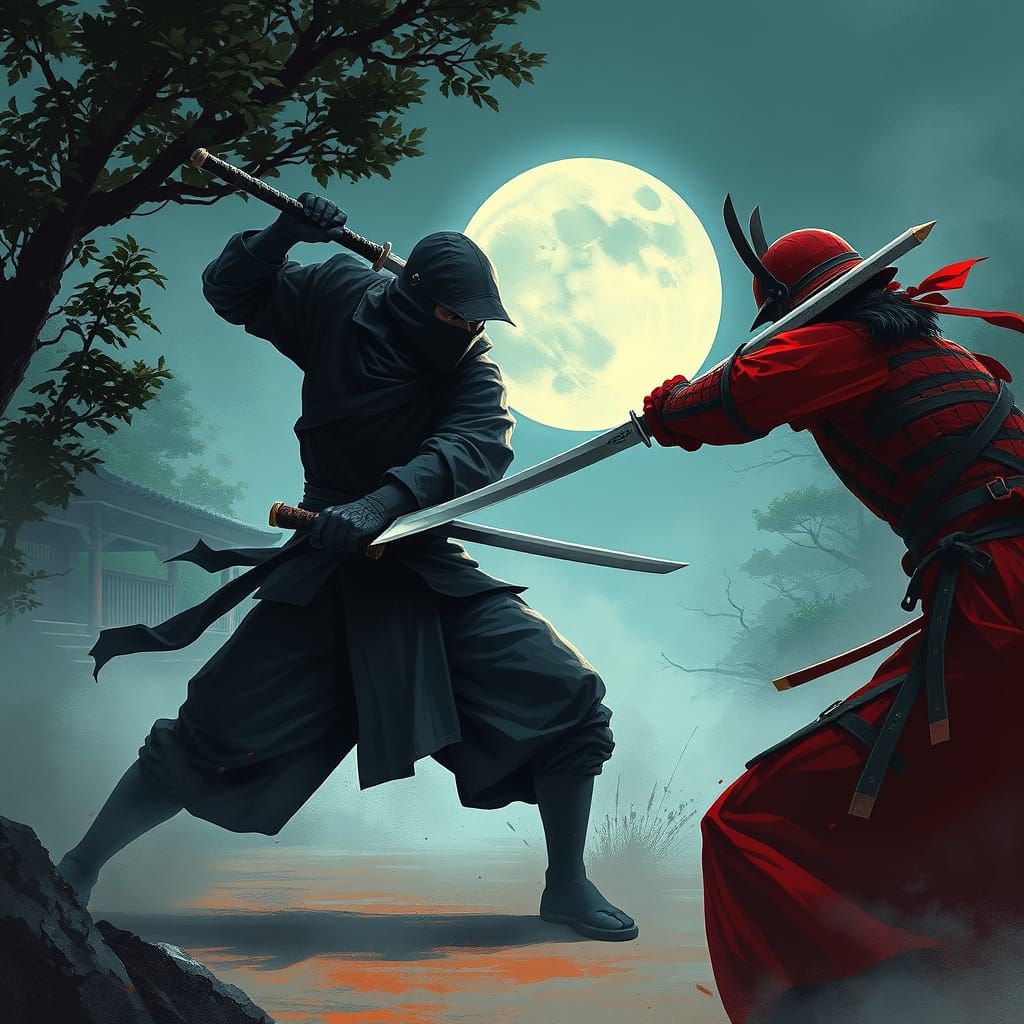 Moonlit Shadow Warrior Engages Red Samurai in Epic Duel