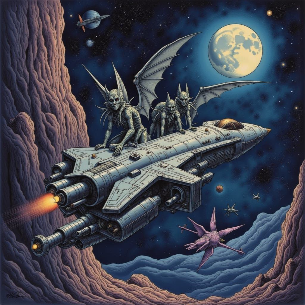 Spaceship Flight to Venus with Gargoyles and Galactic Backdr...