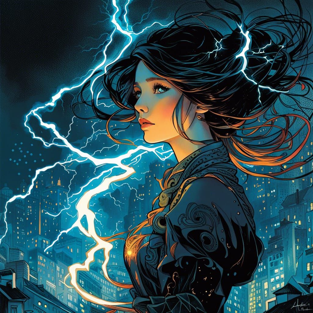 Lightning Girl Scribble Art, Art Nouveau Style