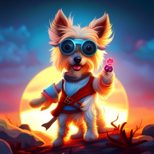 Humorous Dog Pirate on Mountain Top at Sunset