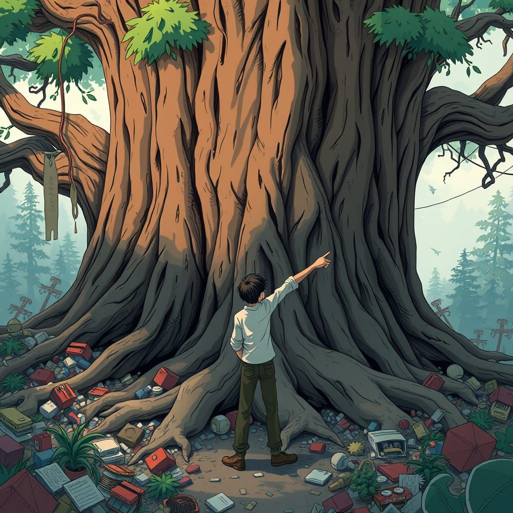 Chaotic Scene with Tree Roots, Blended Art Styles