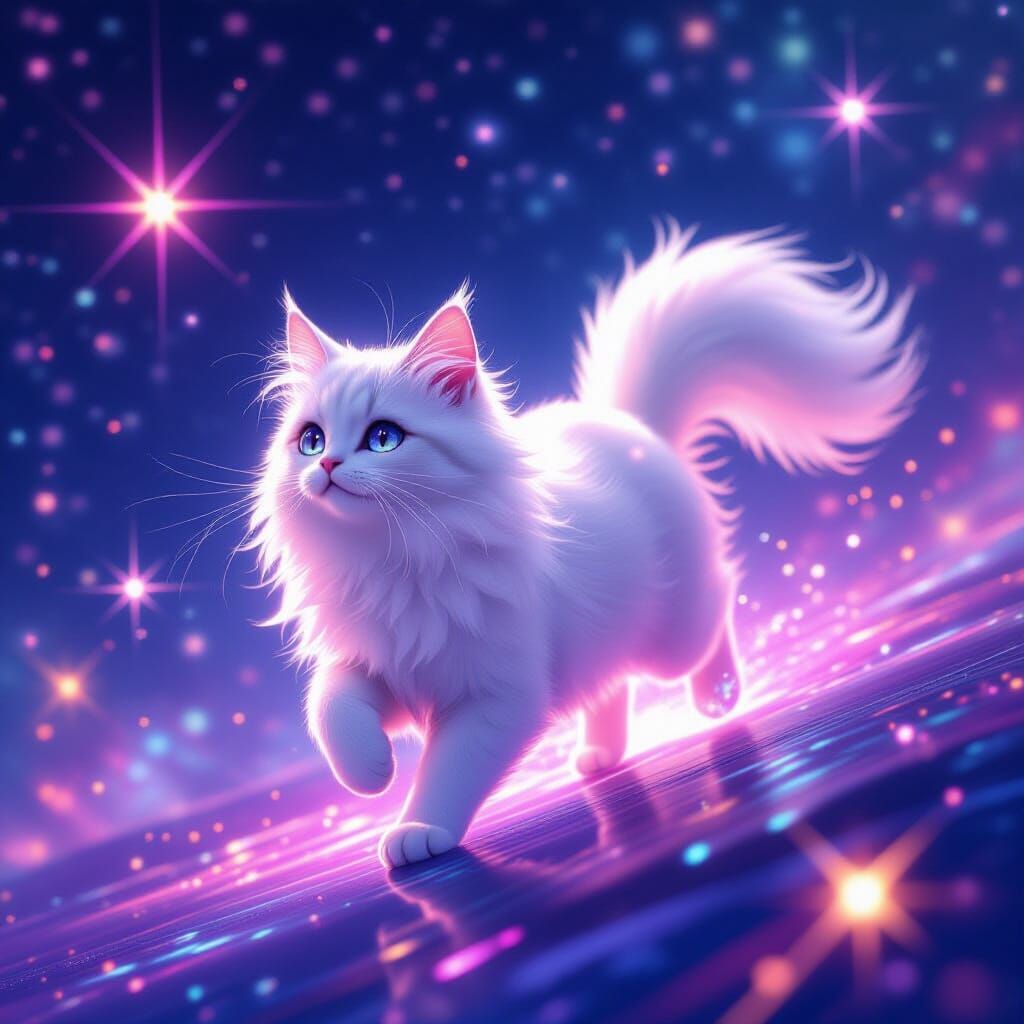 Ethereal White Cat Prances Through Starry Cosmos