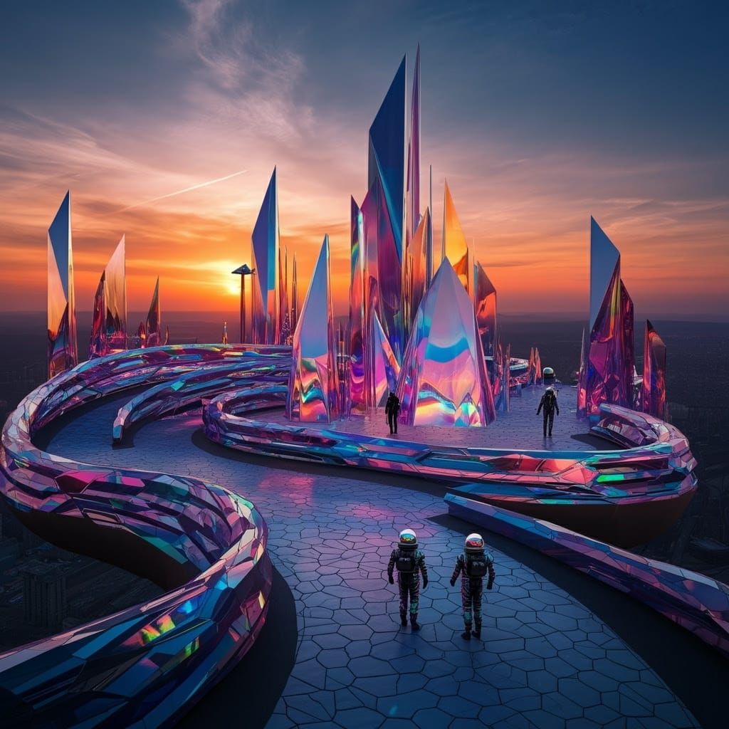 Surreal Futuristic Cityscape in Shimmering Metallic Hues