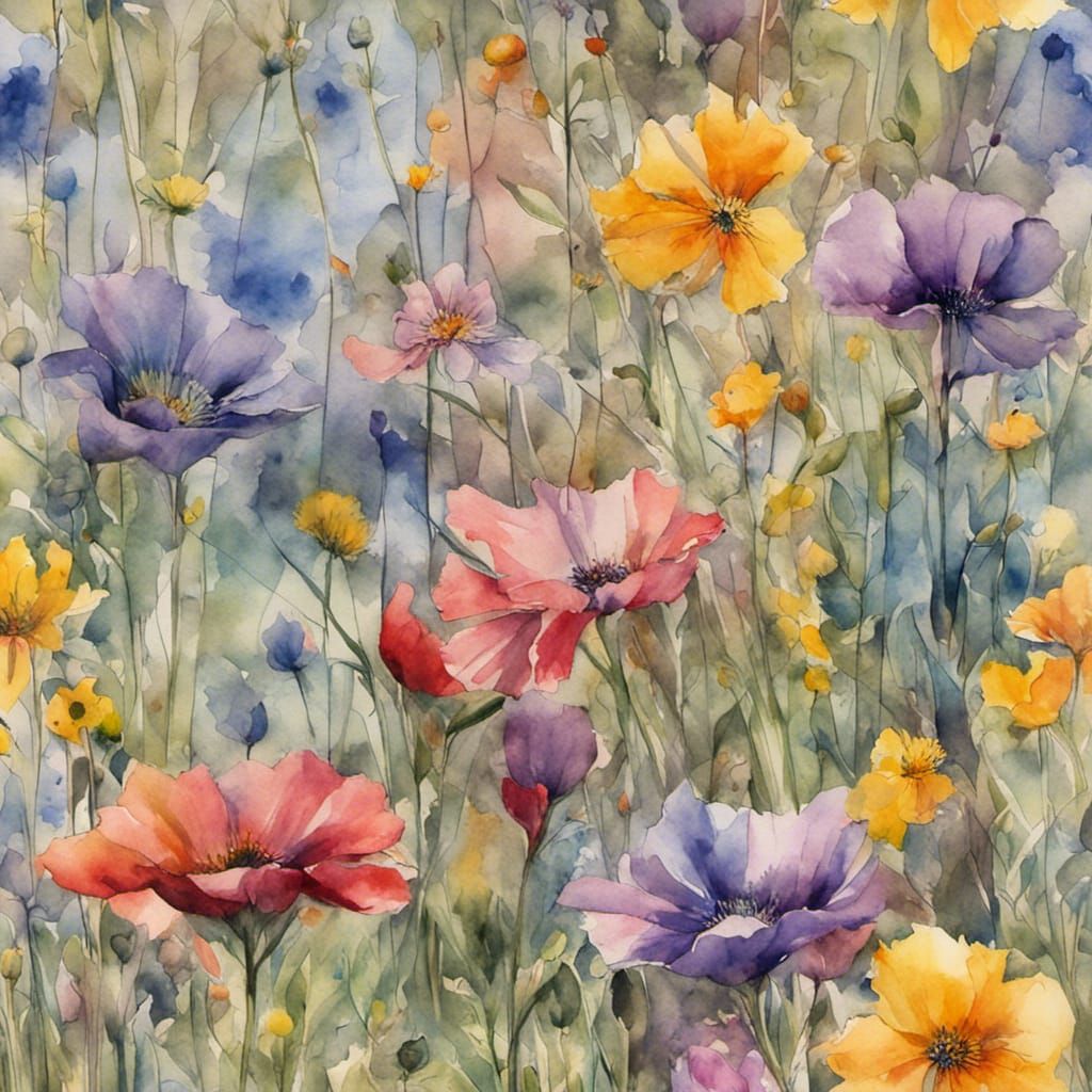 Hyperrealistic Watercolor Field of Wildflowers in Abstract S...