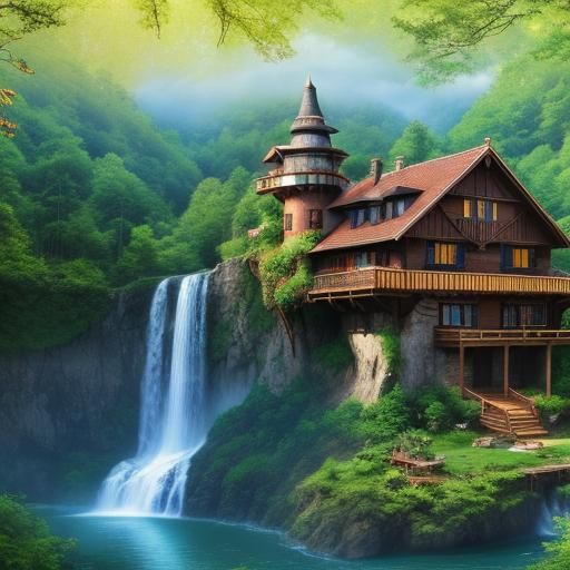 Fairytale Wooden House by Waterfall on Sunny Day