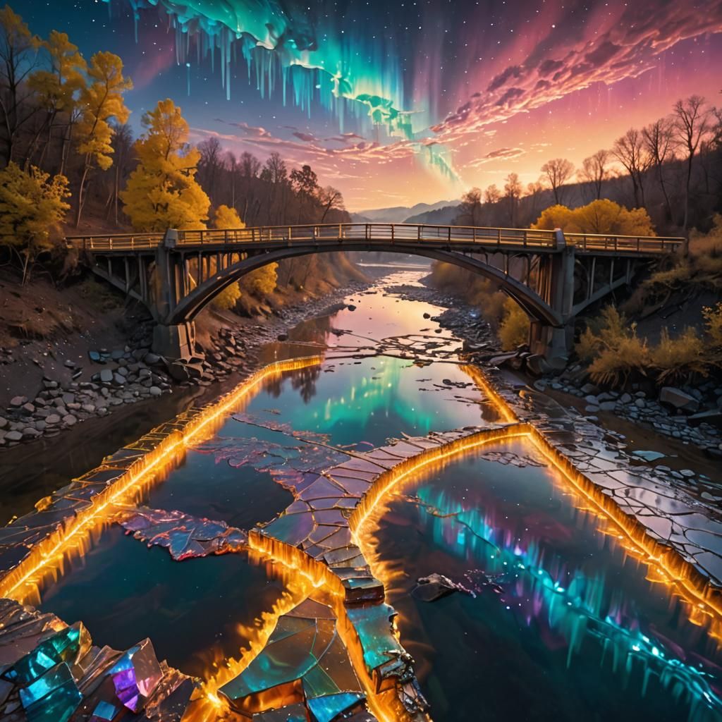 Shimmering Bismuth Bridge Over Glowing River