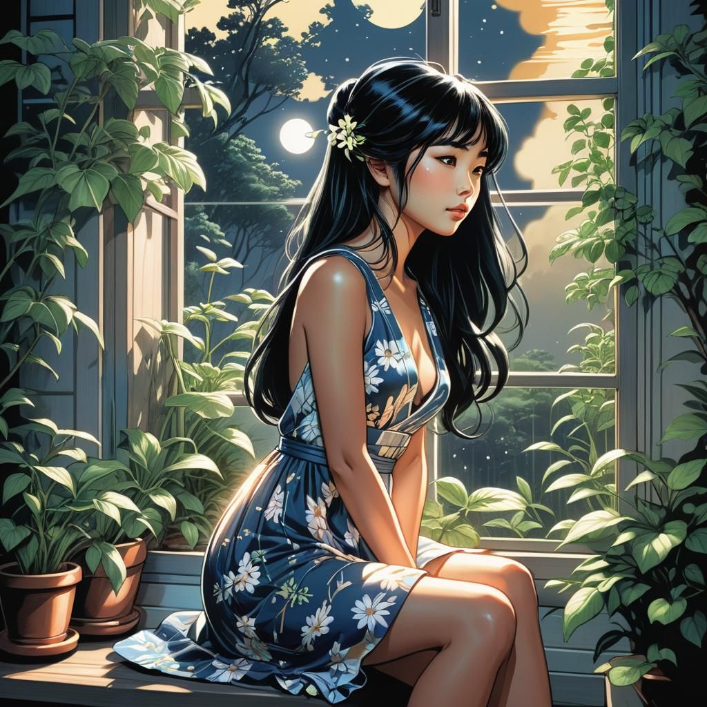 Japanese Woman in Moonlight, Colored Pencil Illustration