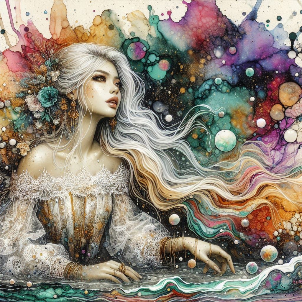 Woman Bathing in Vibrant Alcohol Ink and Oil