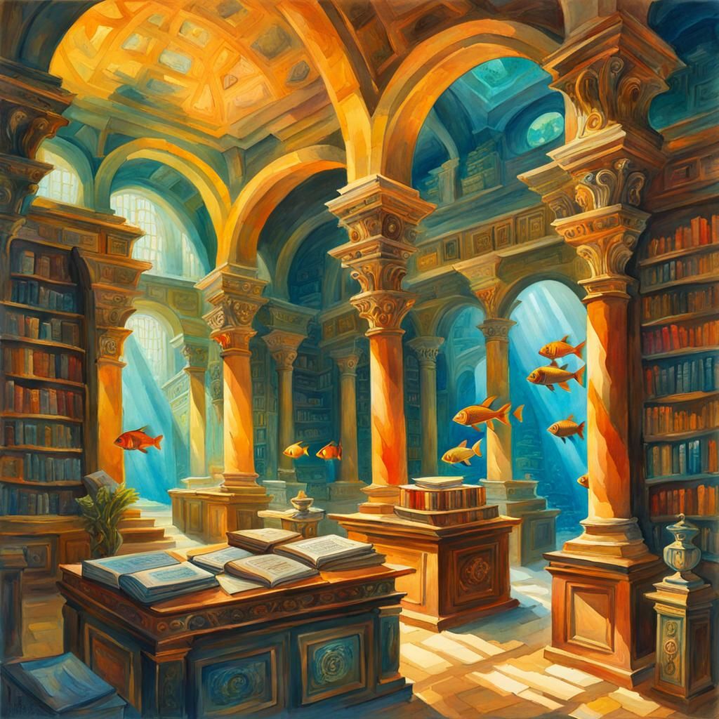 Epic Gouache Masterpiece of Lost City's Submerged Library