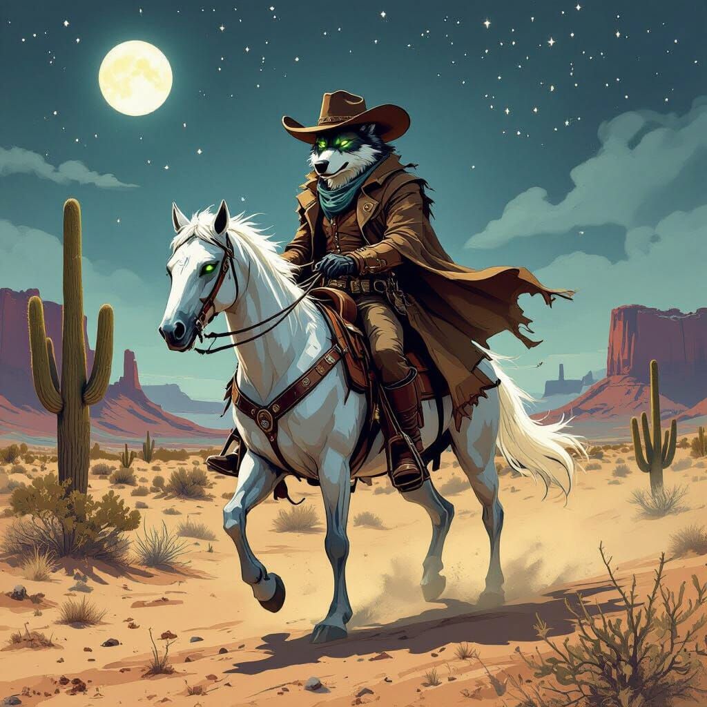 Wolf Rider on Spectral Steed in Moonlit Desert