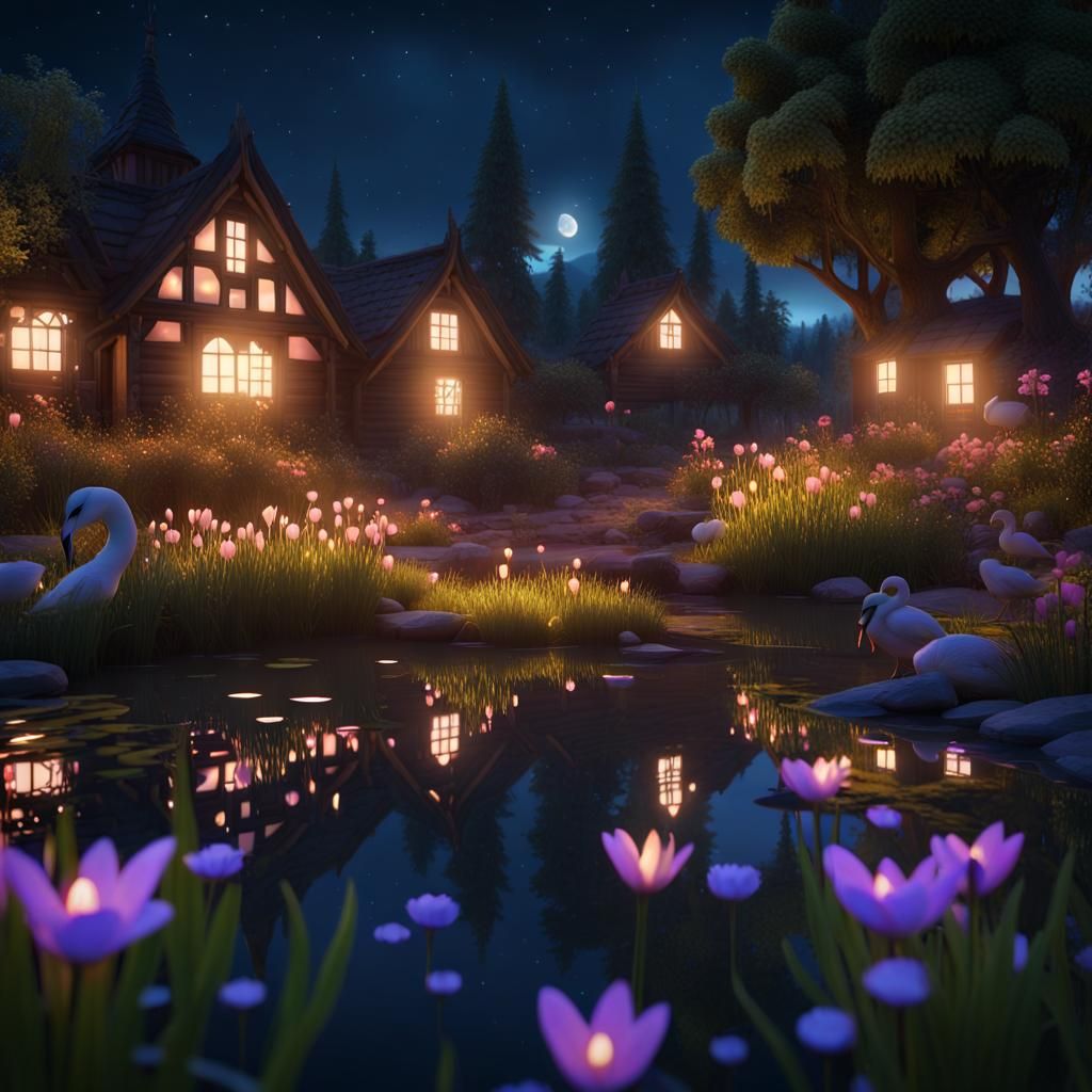 Utopian magical glowing world...peaceful magical glowing village surrounded by magical nature
