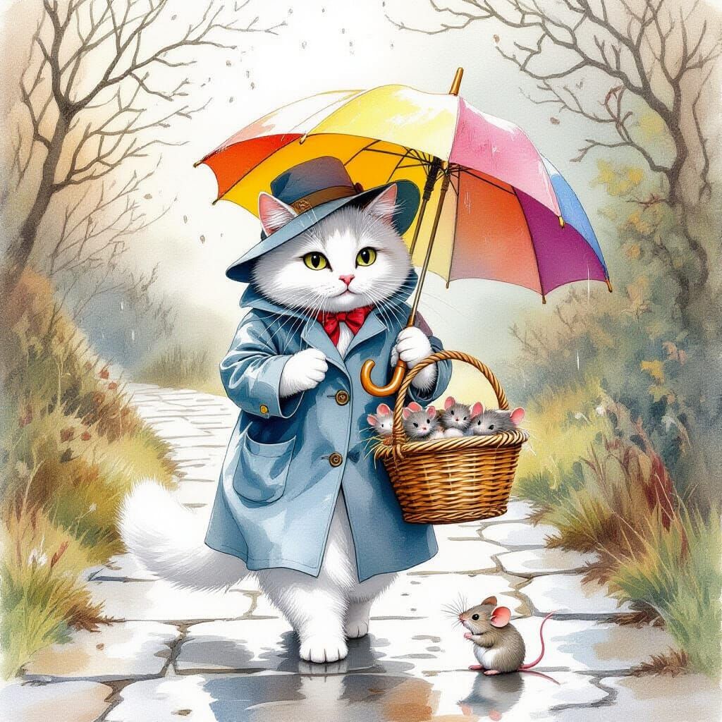 Whimsical Cat Walking in the Rain