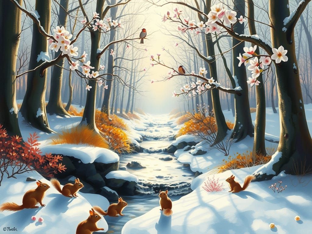 Idyllic Forest Scene in Soft Watercolor Style