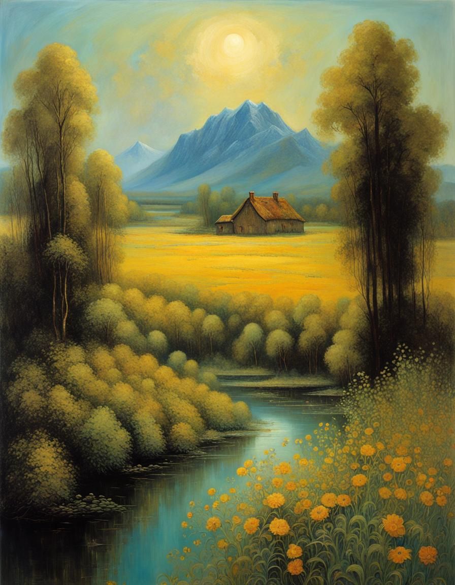 A beautiful landscape with mountains on the horizon, trees, ...