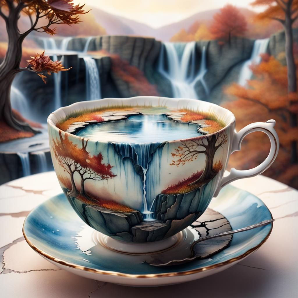 Surreal Teacup: Miniature Autumn Landscape with Waterfall