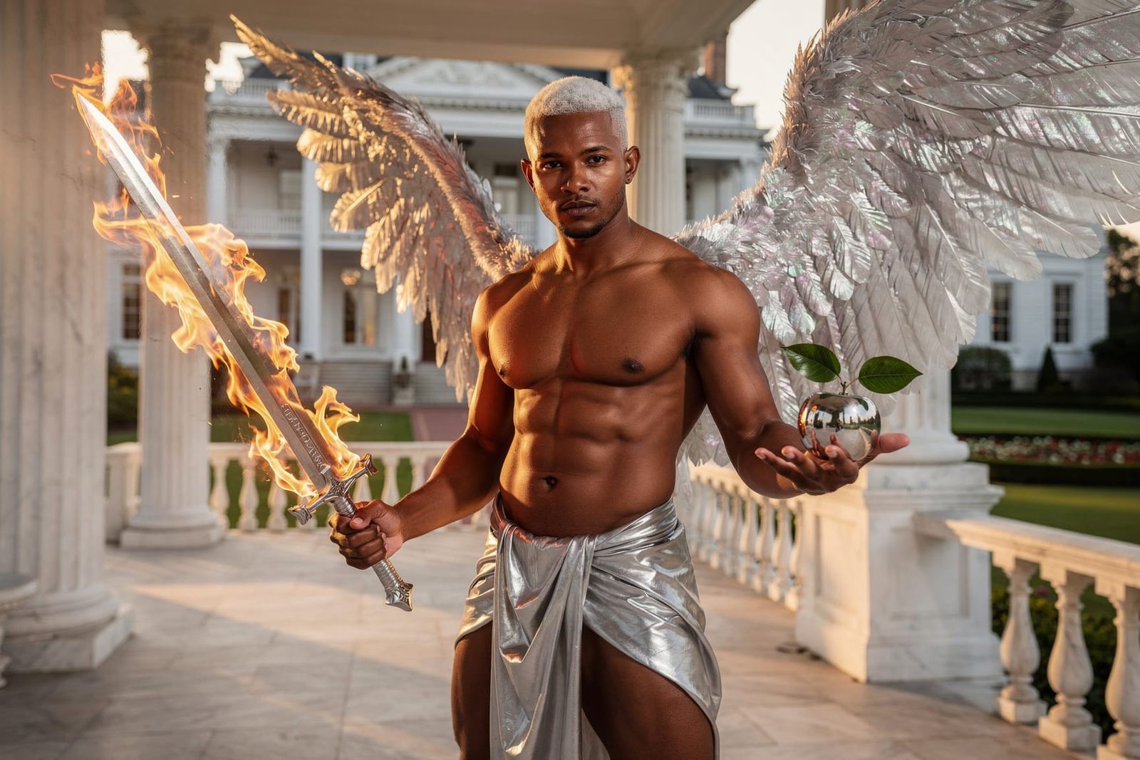 Hyper-Realistic Male Angel with Silver Wings and Flaming Swo...