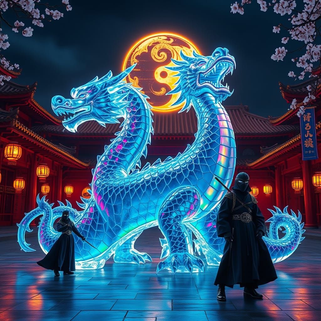 Ancient Asian Ice Dragon in Temple Courtyard