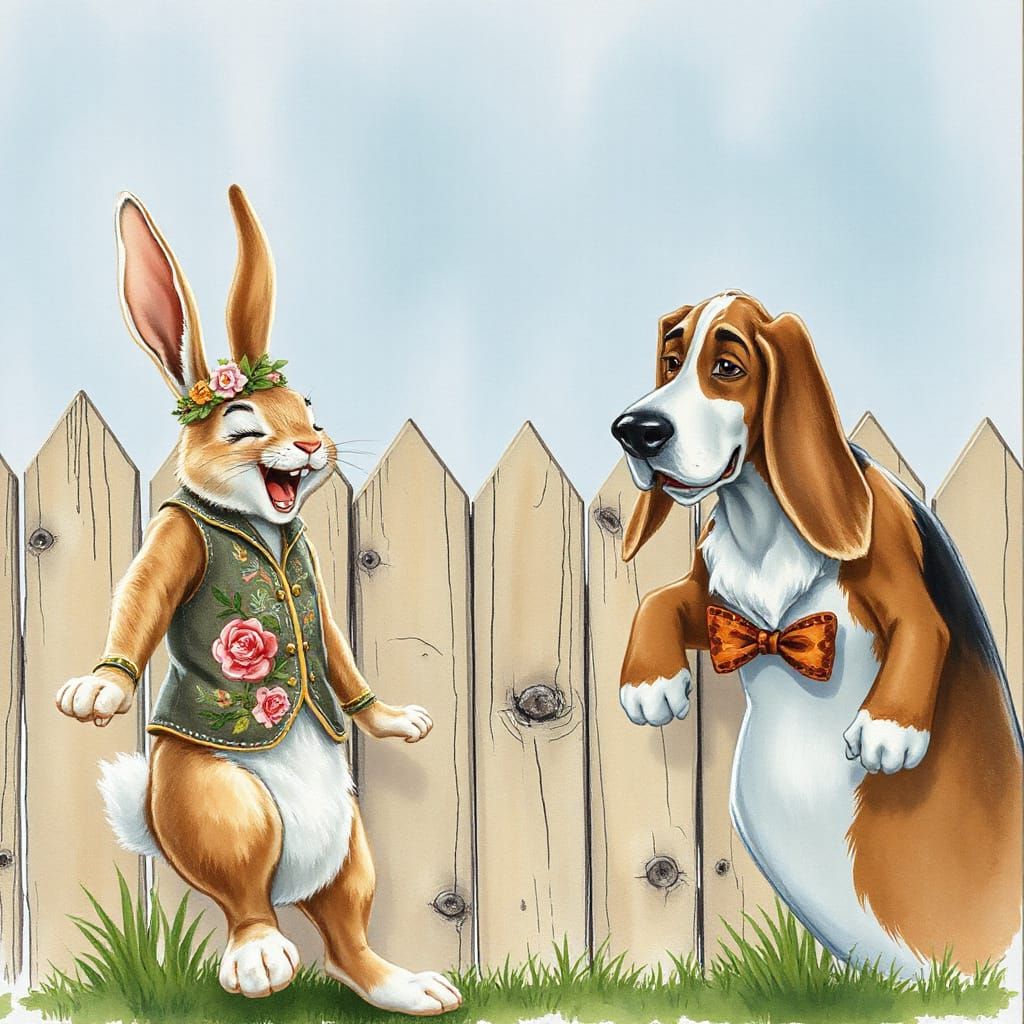 Delighted Bunny and Gentle Hound in Whimsical Watercolor