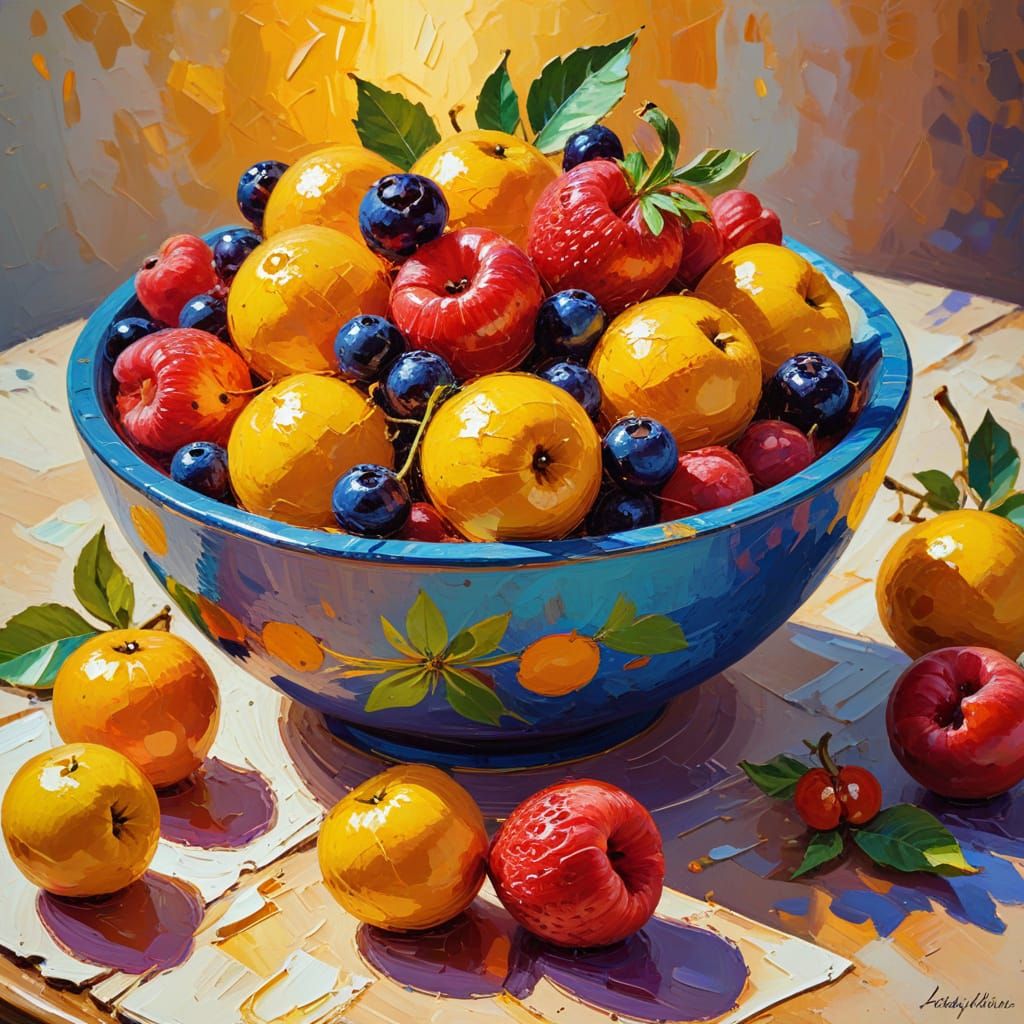 Expressionist Bowl of Summer Fruits in Impasto Style