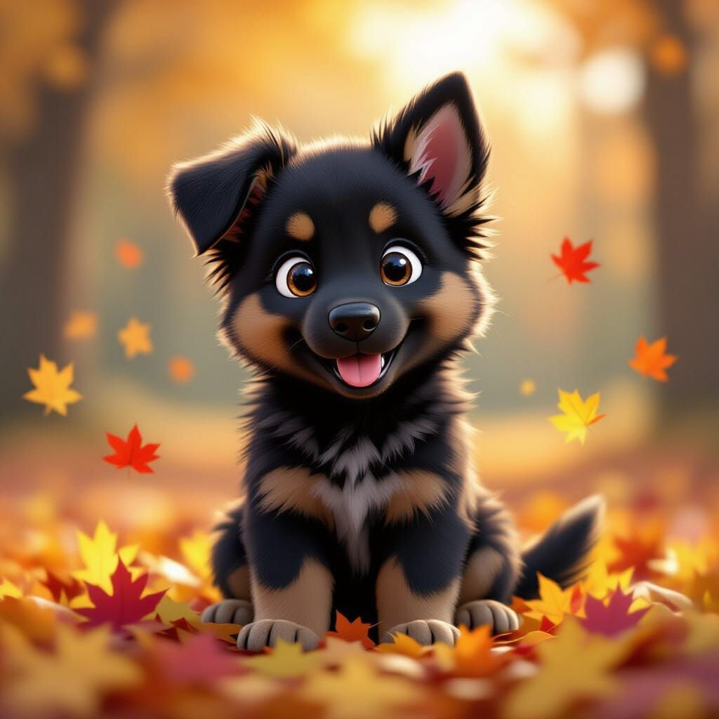 Adorable German Shepherd Puppy in Autumn Leaves, Pixar Style