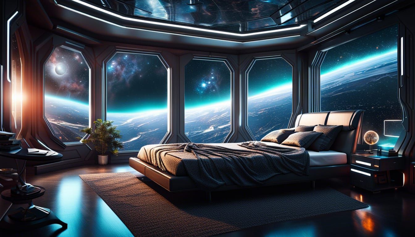 Sci-Fi Bedroom with Galactic View in Hyperrealistic Style