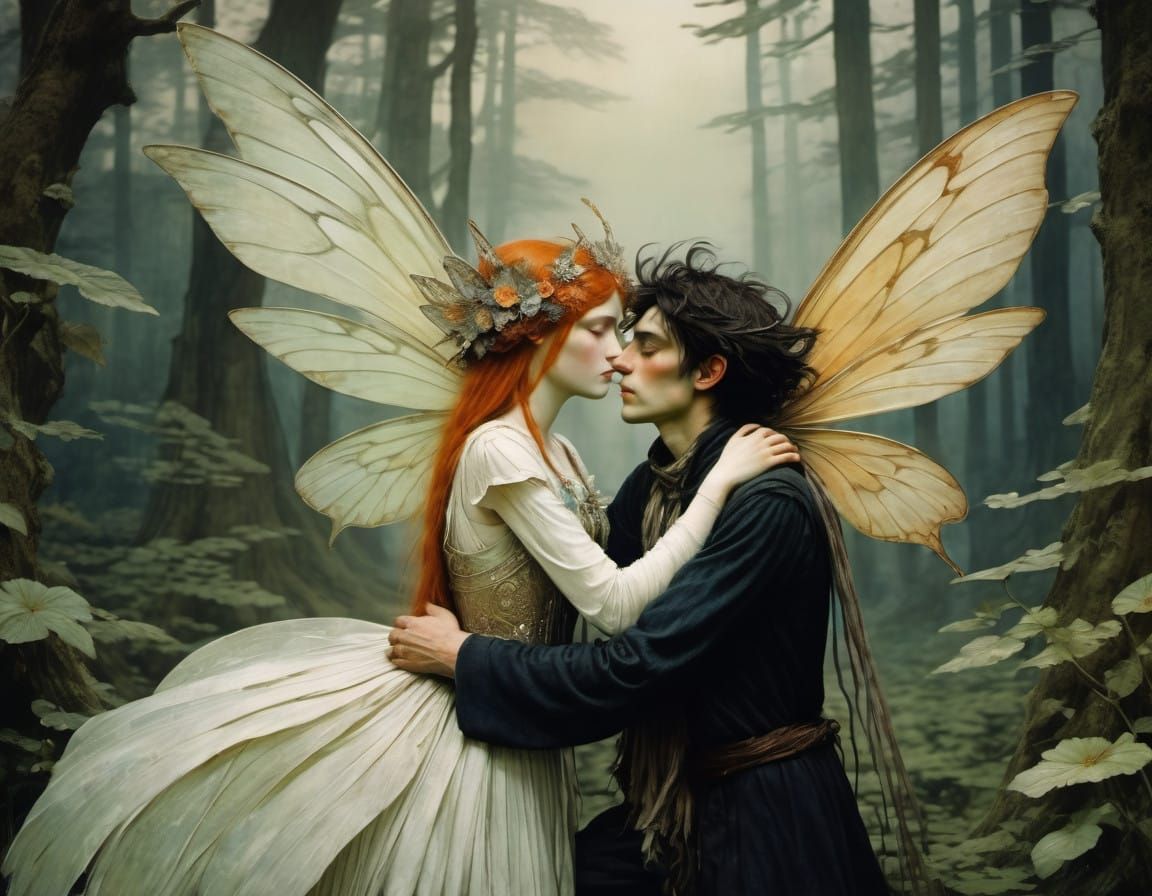 Ethereal Fae Goddess and Pan in Whimsical Embrace