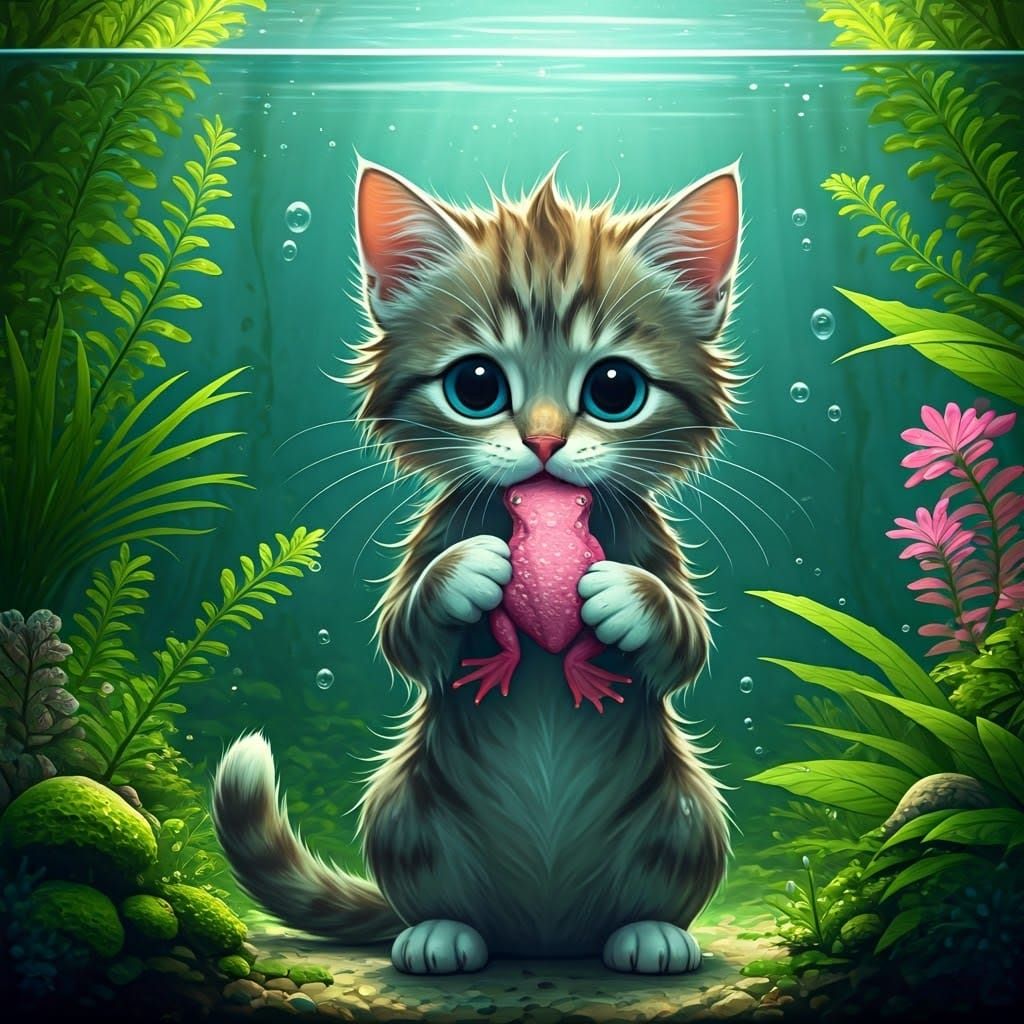 Whimsical Cartoon Kitten Cradles Emerald Amphibian in Aqua A...