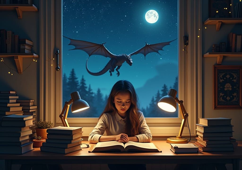Woman Studying Under Magic Galaxy Sky