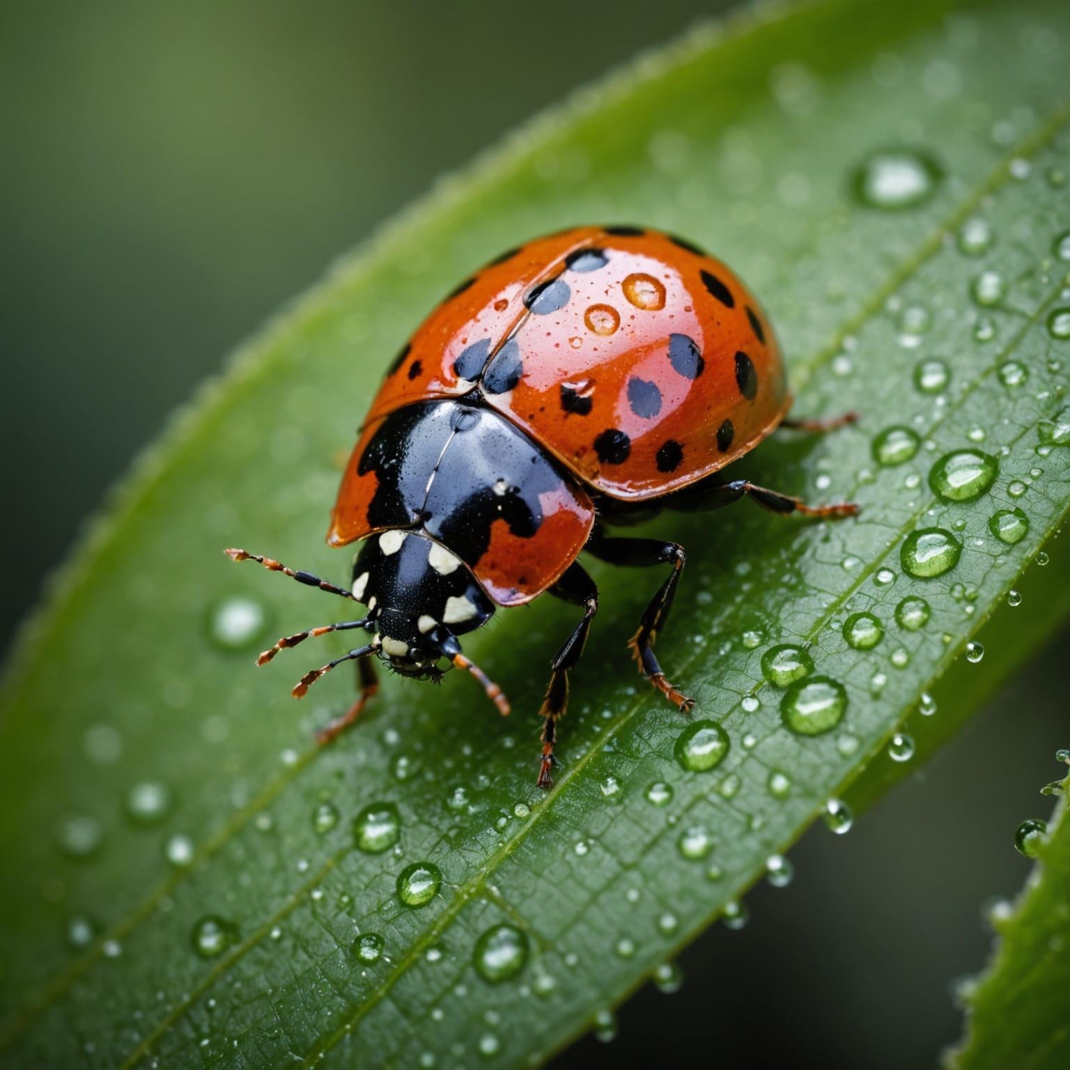 Macro Ladybug on Wet Leaf in Tropical Forest