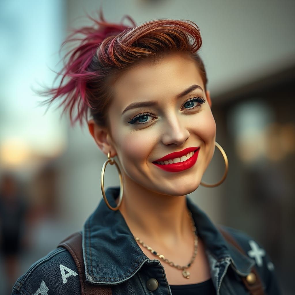 High quality professional photograph of a street style woman with her hair and makeup done in the same style. Her light ...