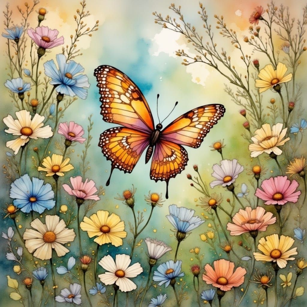 Butterfly Among Wildflowers in Impressionistic Style