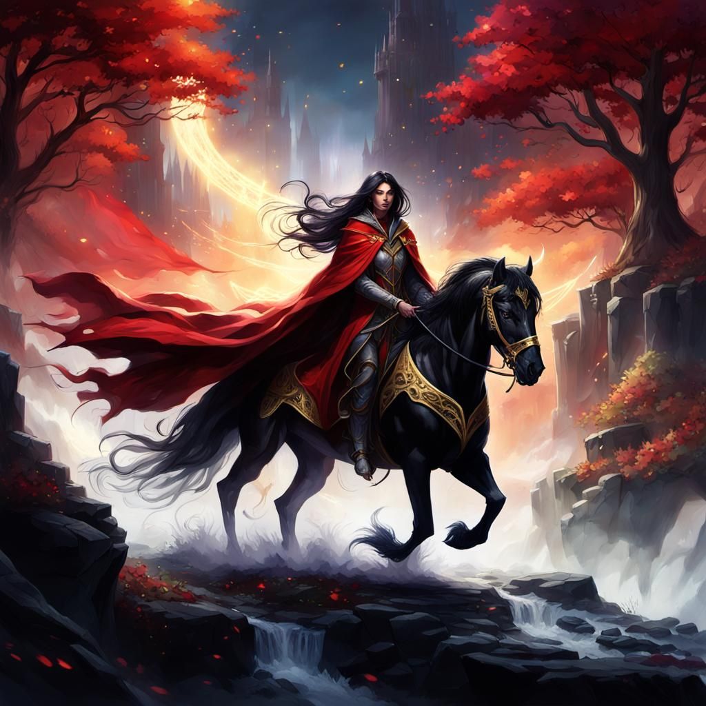 Fantasy Warrior on Black Stallion in Dramatic Light