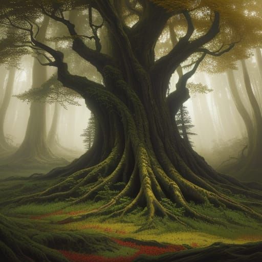 Ancient Tree in Mystical Forest, in Gouache Style