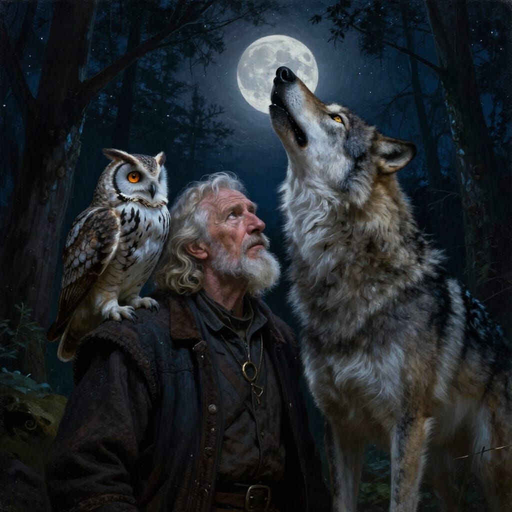 Man, Wolf, and Owl Under Mystical Moonlit Sky