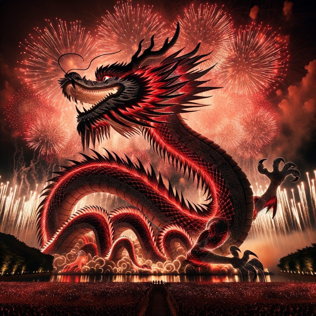 Spectacular Fireworks Dragon Soaring in the Night Sky