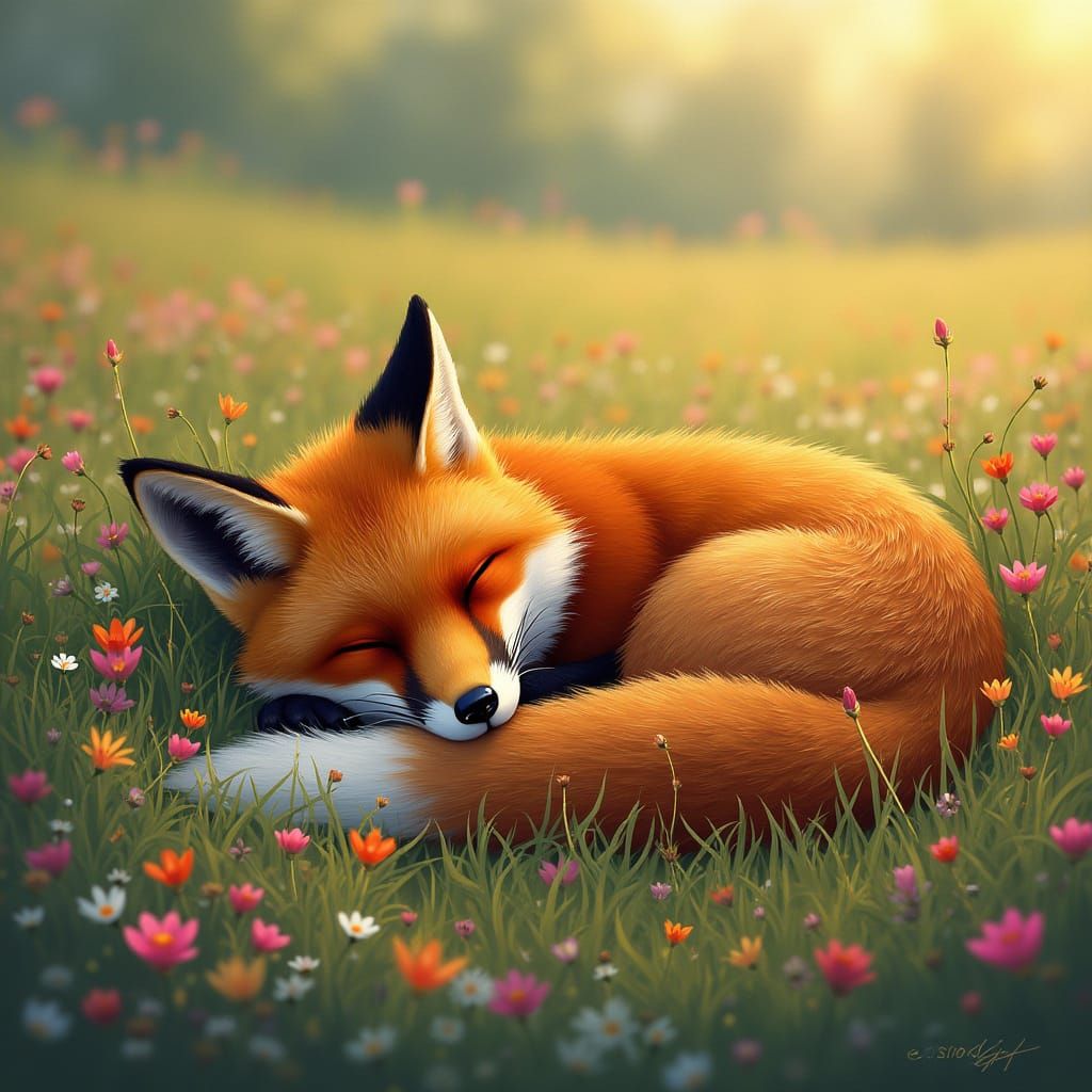 Vibrant Digital Painting of a Fox Sleeping in a Meadow