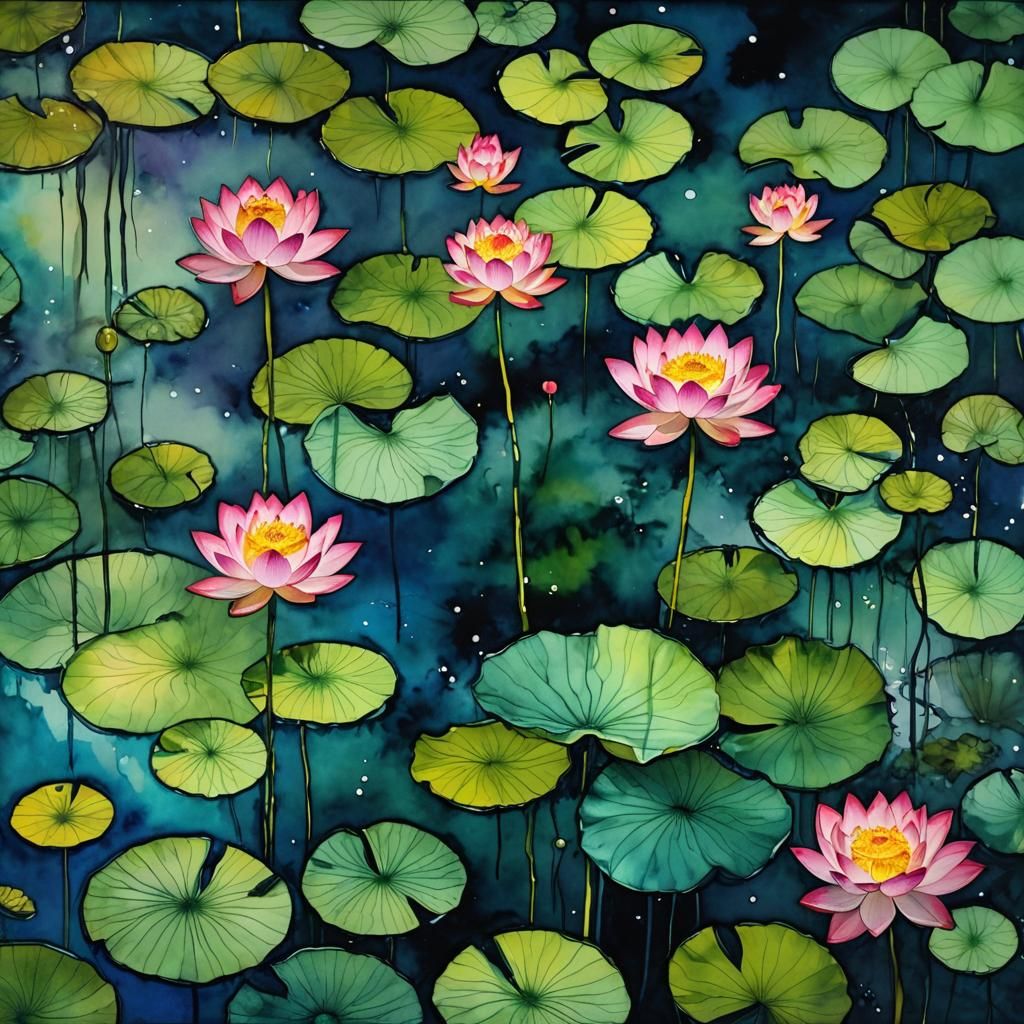 Bioluminescent Lotus Pond at Night in Spray Paint Art
