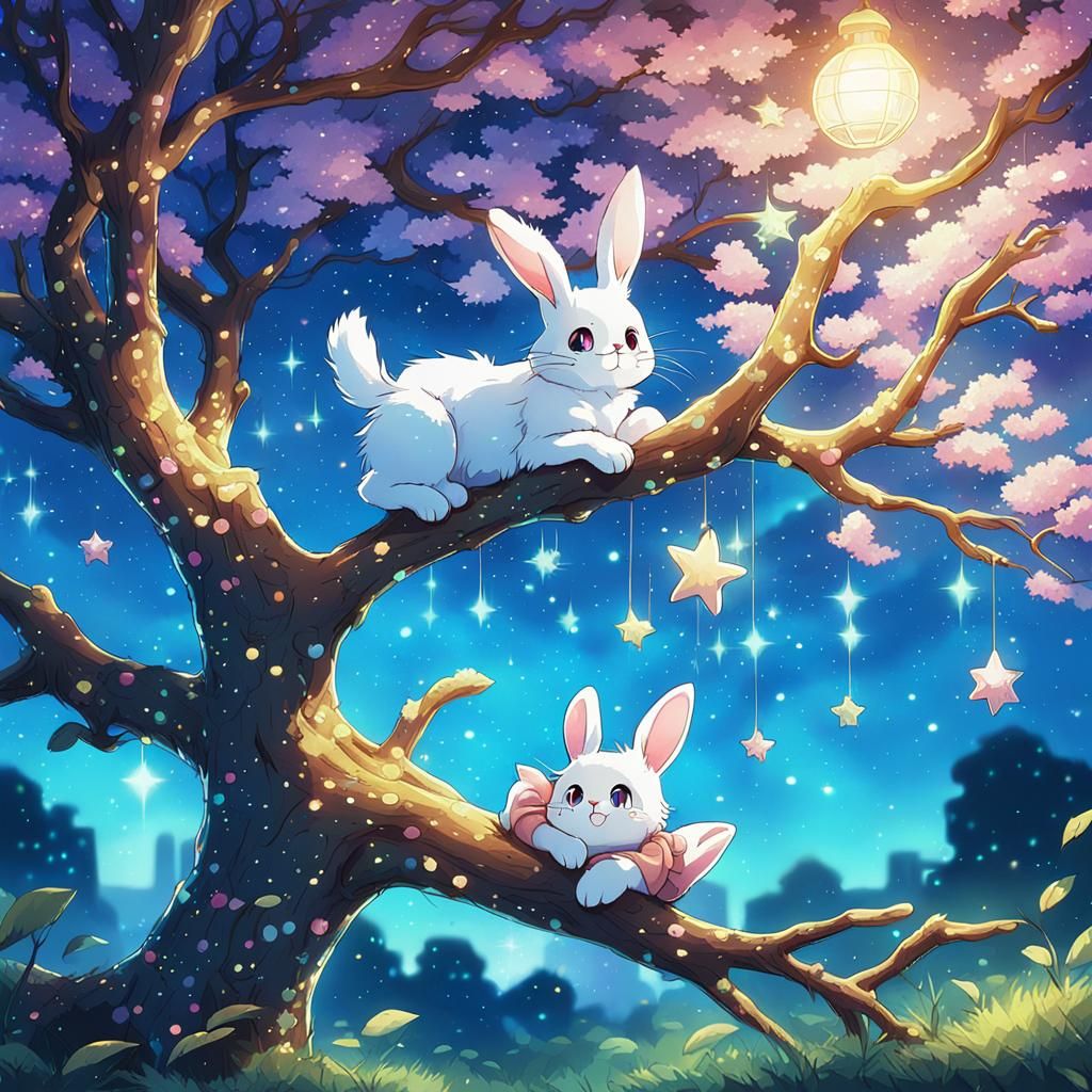Cute Rabbit-Cat in Anime Style with Sparkles